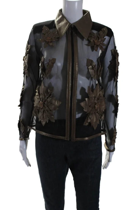 Natto Womens Brown Floral Leather Mesh Collar Full Zip Long Sleeve Jacket Rayon Fabric Velvet Fabric Corduroy Fabric