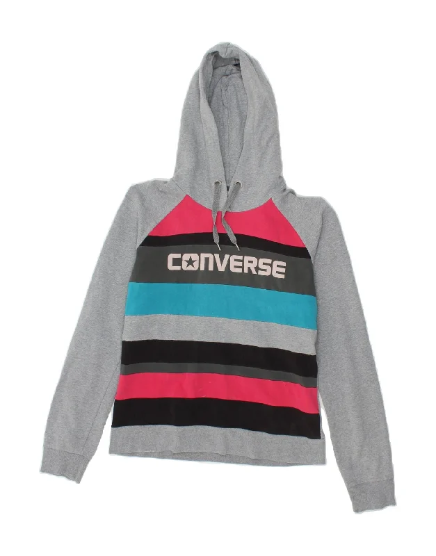 CONVERSE Womens Graphic Hoodie Jumper UK 12 Medium Grey Striped Cotton