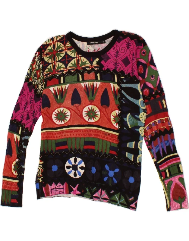 DESIGUAL Womens Graphic Boat Neck Jumper Sweater UK 10 Small Multicoloured