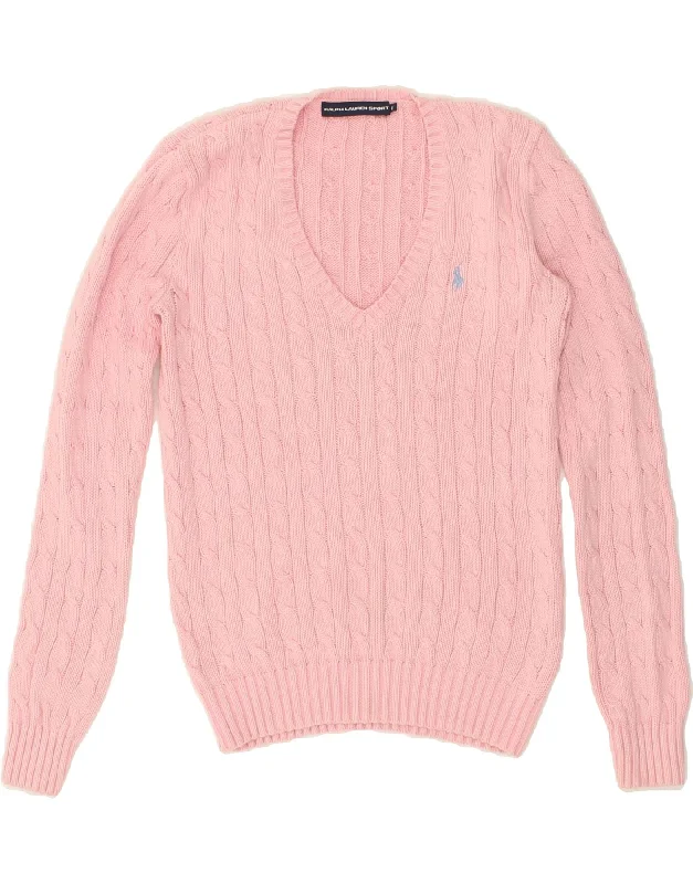 RALPH LAUREN Womens V-Neck Jumper Sweater UK 12 Medium Pink