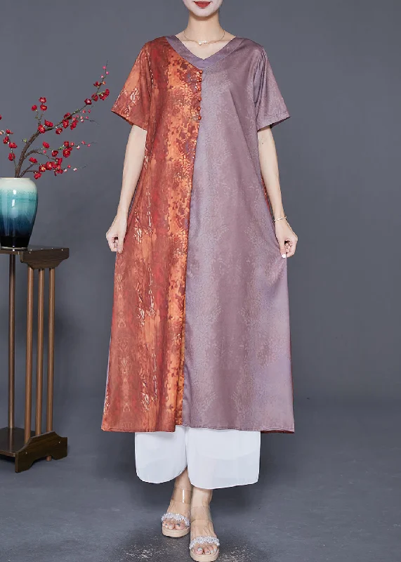 Art Colorblock V Neck Patchwork Silk Long Dress Summer Tunics Versatile all-occasion