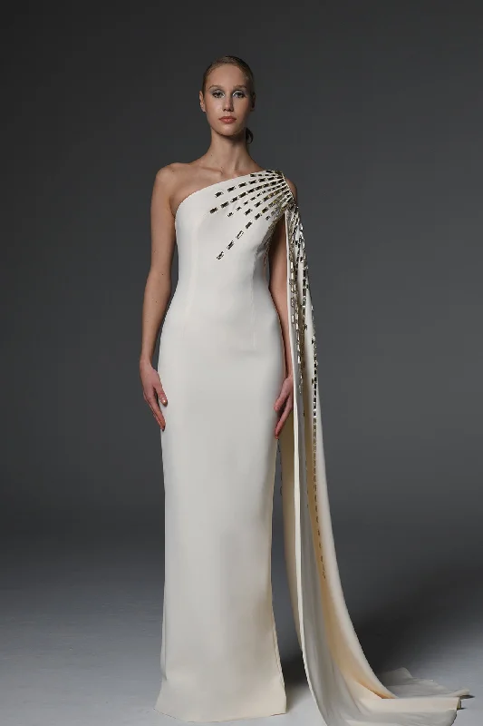 Asymmetric crepe dress with baguette embroidery Elegant Long Evening