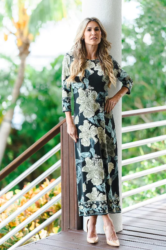 Athena Long Dress Gold Flowers Tunic Top Casual