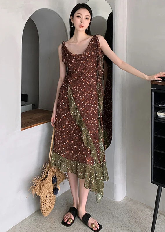 Beautiful Chocolate Ruffled Patchwork Print Chiffon Long Dresses Sleeveless Tunics Timeless classic