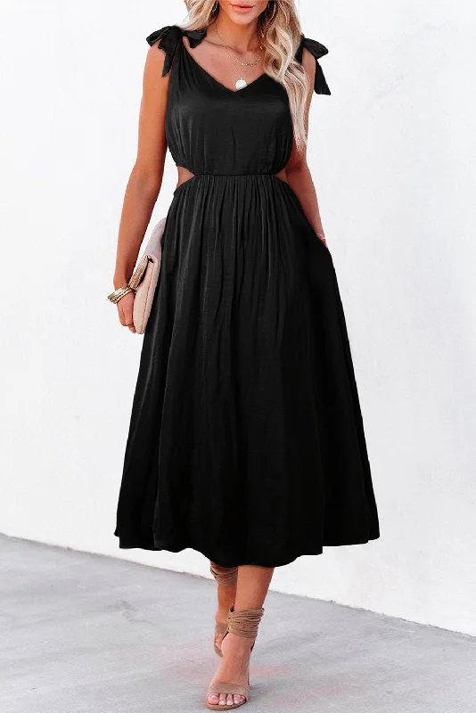 Black Tied Straps Cut out Empire Waist Long Dress Pencil Office Professional