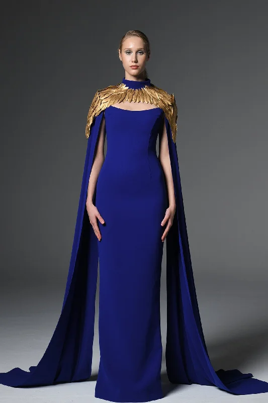 Cape sleeves crepe dress with feathers Square Neckline Feminine