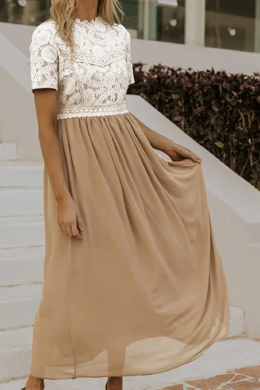 Clay Lace Short Sleeve Bodice Flowy Chiffon Long Dress A-Line Day Work