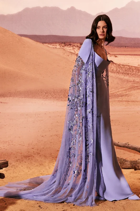Corseted bodice crepe dress with embroidered cape Tunics Fashionable trendy