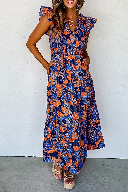 Dark Blue Boho Floral V Neck Ruffle Tiered Long Dress Tunics Stylish elegant