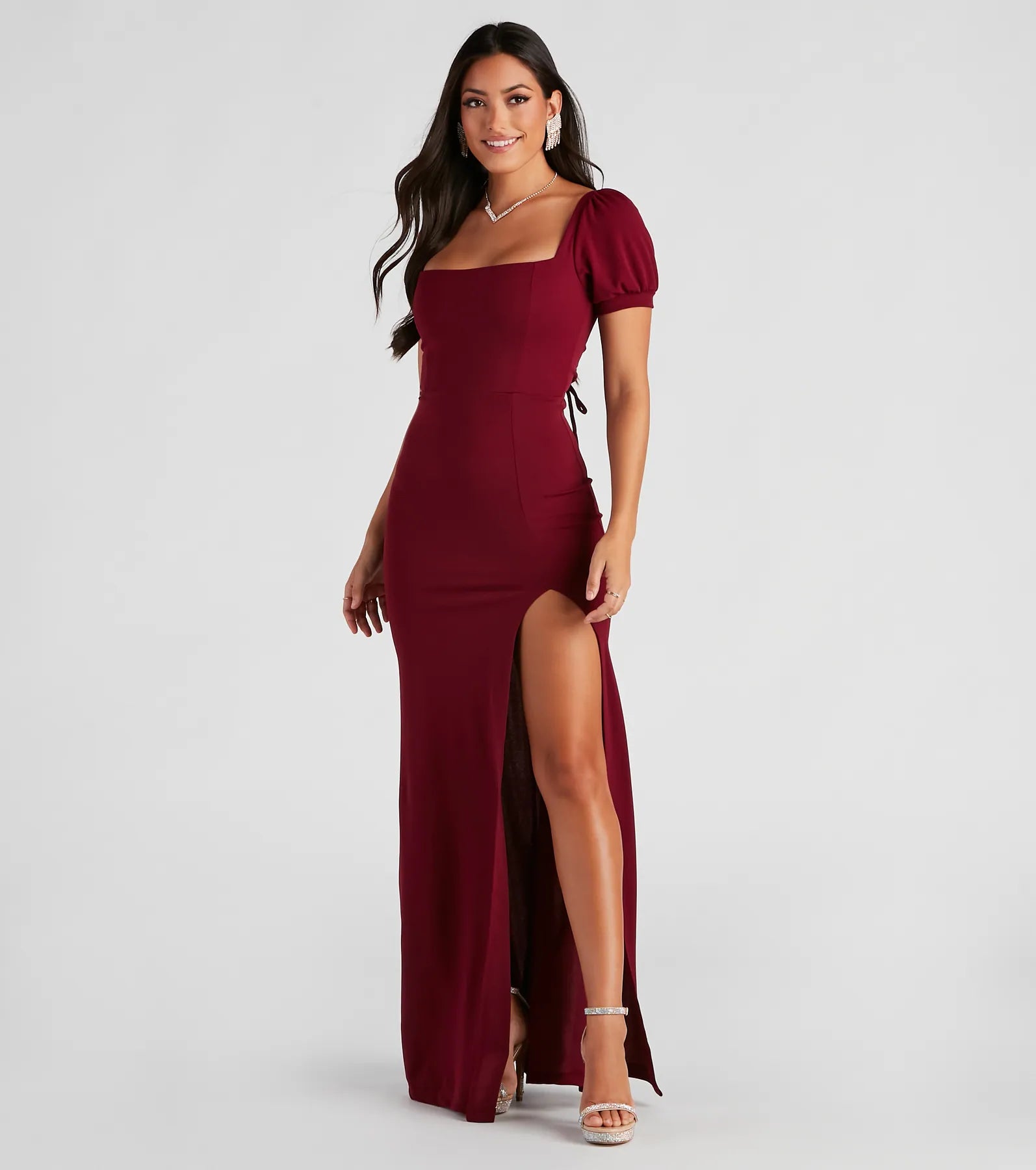 Denali Formal Puff Sleeve Long Dress Boat Neckline Classic