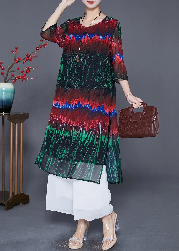 DIY Colorblock Print Side Open Chiffon Long Dress Half Sleeve Tunics Cozy comfortable
