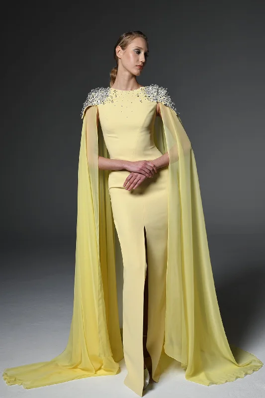 Embroidered crepe dress with chiffon cape Bodycon Club Sequined