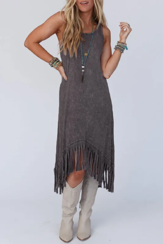 Gray Round Neck Sleeveless Fringe Hem Long Dress Tunics Practical easy-care
