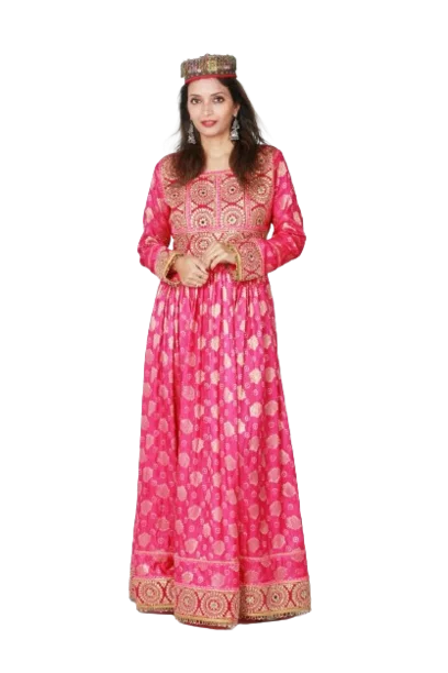 #LD022 Long Dress (Banarasee, Pink) Tunics Chinos classic