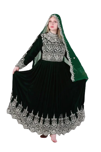 #LD027 Long Dress (Velvet, Dark-Green) Tunics Satin smooth