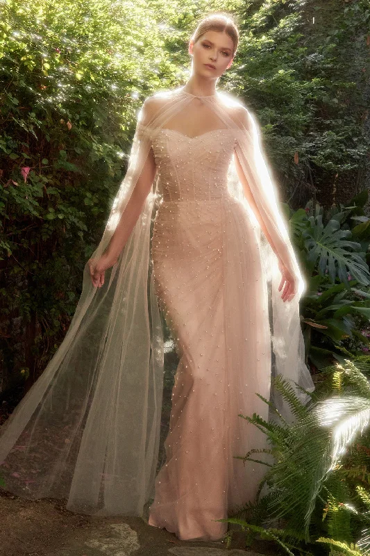 Pearl Pleated Tulle Gown With Cape By Andrea And Leo -A1219CL Boatneck Modish Everyday
