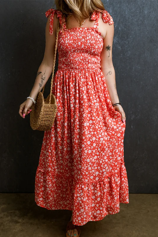 Red Boho Floral Self Tie Straps Smocked Bodice Long Dress Tunics Chic fashionable