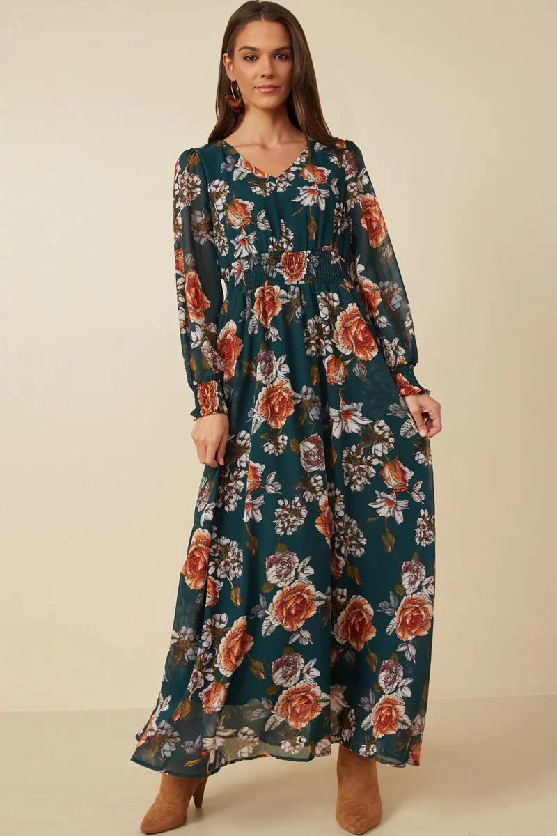 Romantic Floral Smocked Waist V Neck Dress Tunics Sophisticated sleek