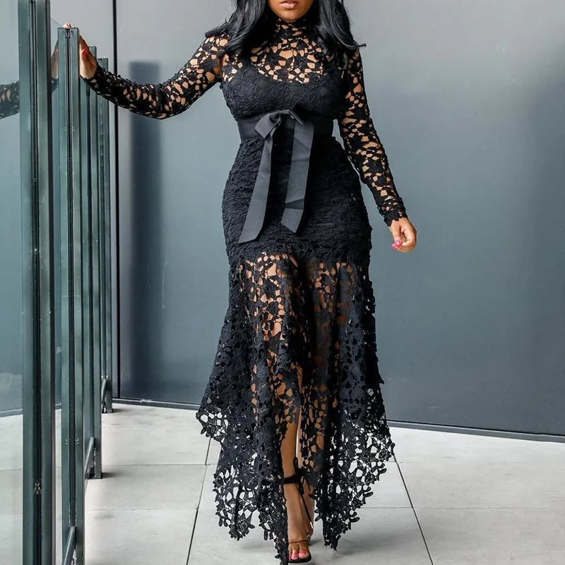 Vintage Party Sexy Mesh Hollow Lace Long Dress Casual Short Summer