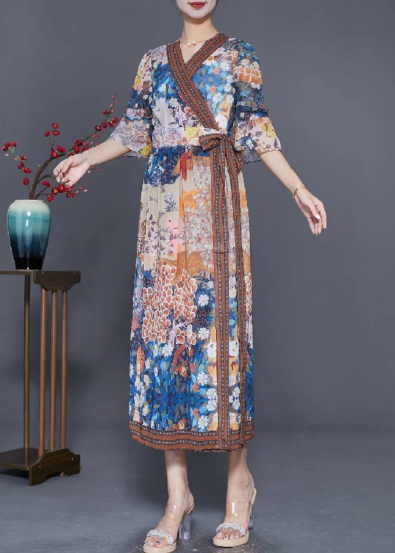 Vintage V Neck Print Tie Waist Chiffon Dress Summer Cowl Neckline Elegant