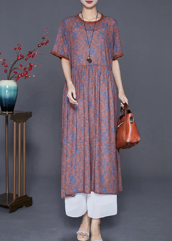 Women Coffee Ruffled Patchwork Print Silk Long Dresses Summer empire Waist empire