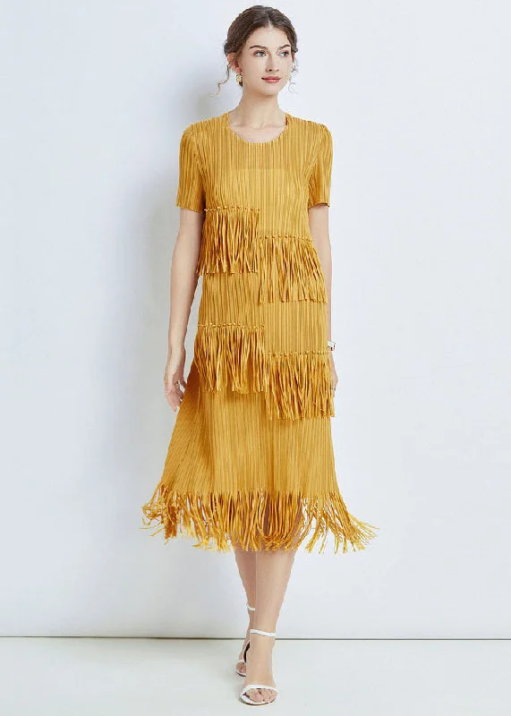 Yellow Patchwork Chiffon Loose Long Dresses O Neck Tasseled Summer Tunics Stylish modern